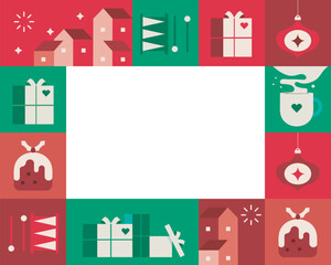 Retro Christmas icons in red, green, and beige, vector set. Geometric Christmas flat illustration set with space for text. Cute holiday and Christmas icons, including festive vector elements. 