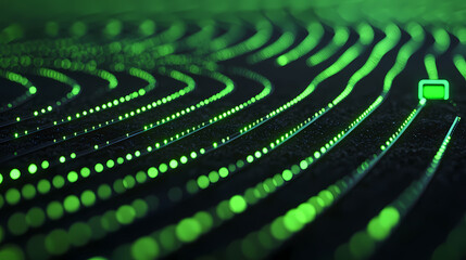 Abstract green lights form flowing lines on a dark surface, evoking a sense of futuristic technology and digital connectivity.