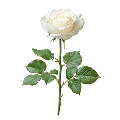Obraz premium A delicate white rose with green leaves, symbolizing purity and new beginnings. The rose is captured in perfect focus, highlighting its beauty and grace