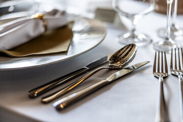 Cutlery Silver-plated cutlery set with intricate designs, elegantly placed on a festive table setting, enhancing the dining experience