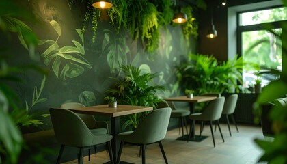Fototapeta premium Tranquil Green Restaurant Interior Lush Plants and Modern Furniture