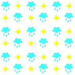 Cute seamless pattern of suns, clouds, and raindrops on a white background. Weather seamless pattern for baby or kids textile design, print, wallpaper