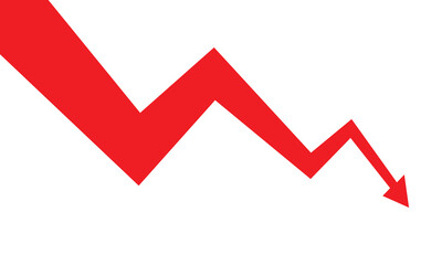 Red downward zigzag arrow on a white background symbolizing decline, loss, or negative financial trend. Ideal for business reports, economy updates, or analytics.