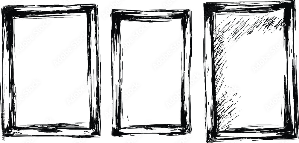 Leinwandbilder Three black framed white on a transparent background. A collection of three empty picture frames in black colors transparent white background. 
Set of picture frames, isolated on white background.