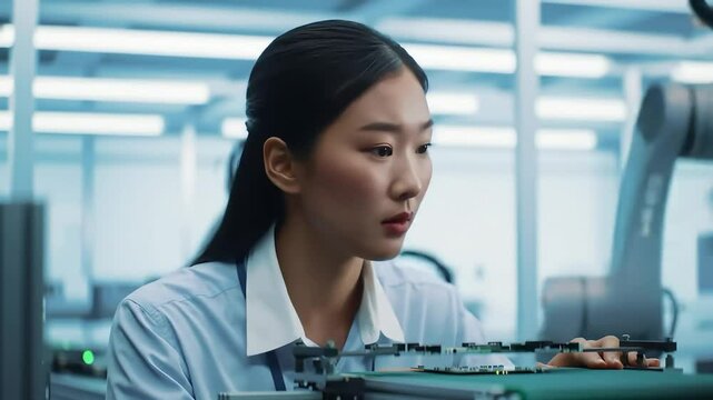 Focused Asian Engineer Inspecting Circuit Board in Modern Tech Factory with Robotic Arm