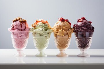 Four different colored ice cream balls in glass cups with fruit pieces.