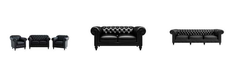 Black tufted sofa chair furniture set, cut out transparent