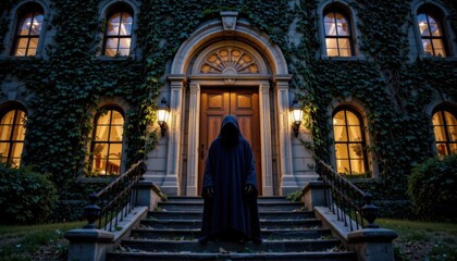 Obraz premium Mysterious figure approaching ancient mansion eerie nighttime scene dark atmosphere haunting concept