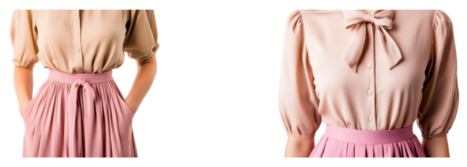 Woman outfit with blouse and skirt, light color palette, cut out transparent
