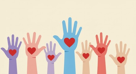Fototapeta premium Colorful upraised hands expressing unity and solidarity for global awareness