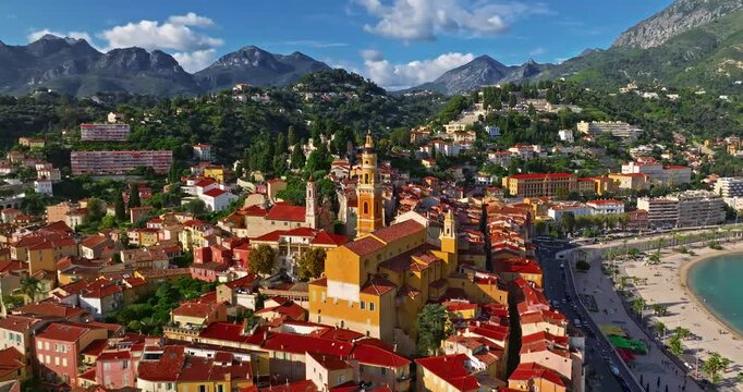 Establishing drone shot on old part of Menton, Provence. Tourist attraction, travel guide and sights of city breaks. Travelling, landmarks. Menton is a famous holiday destination in France