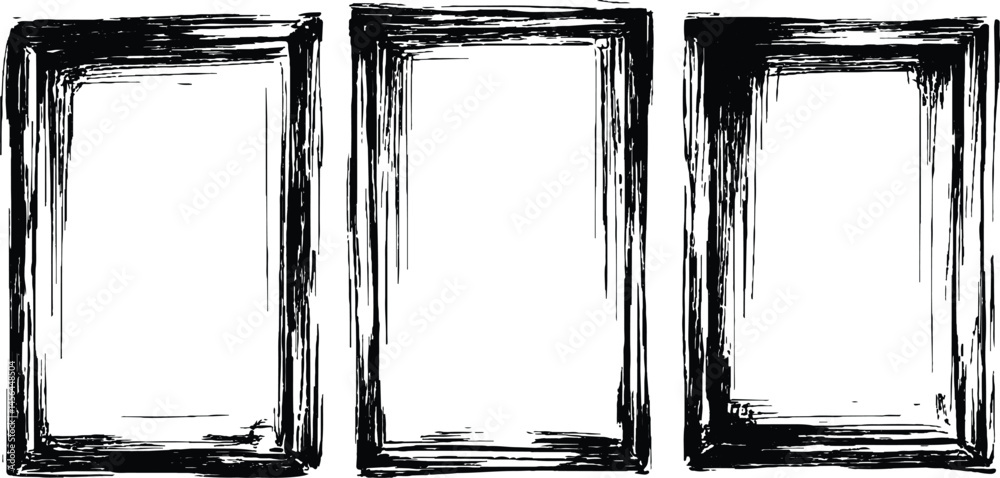 Poster Three black framed white on a transparent background. A collection of three empty picture frames in black colors transparent white background. 
Set of picture frames, isolated on white background.