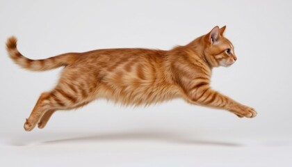 Leaping cat action indoor studio animal photography minimalist background side view dynamic movement for seo impact