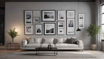 Obraz premium Minimalist living room, empty black frames on gallery wall, blank, elegant, minimalist