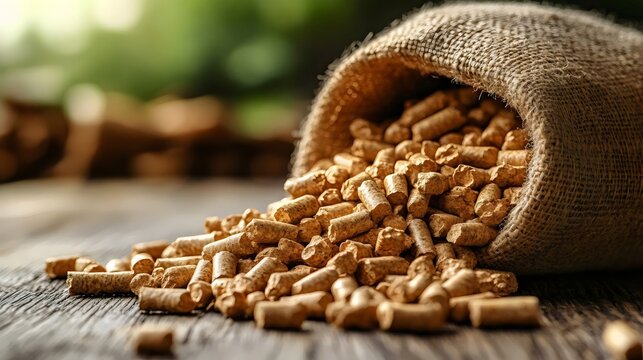 A burlap bag overflowing with wood pellets, a renewable and eco-friendly fuel source.