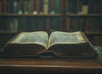 Obraz premium A book is open on the table, with many books in the blurred background. The pages of an old hardcover novel turn slightly, as if being turned by a finger and hand, creating an atmosphere of reading 