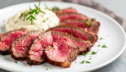 Sliced roast beef, arranged on a white plate with horseradish. AI