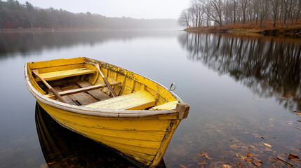 Obraz premium A serene autumn scene with a wooden rowboat on a tranquil lake