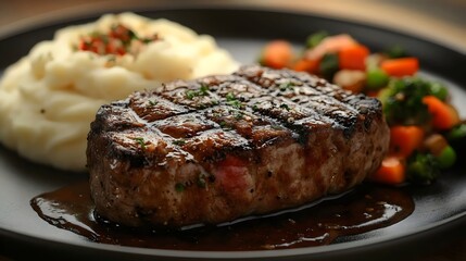 A perfectly grilled steak with sides of mashed potatoes and vegetables on a plate.
