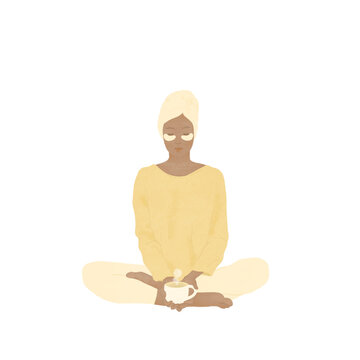 me time beautiful young dark skin tone gen z millennial woman with under eye mask on her face and enjoying a coffee tea on transparent background mindfulness wellness spirituality energy healing png