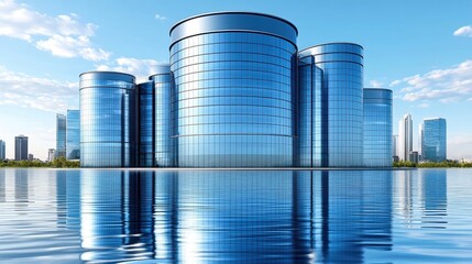 Futuristic city skyline reflection on water surface representing