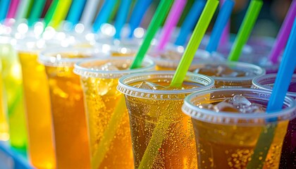 Refreshing Iced Drinks in Plastic Cups with Colorful Straws A Close Up View of Sparkling Beverages