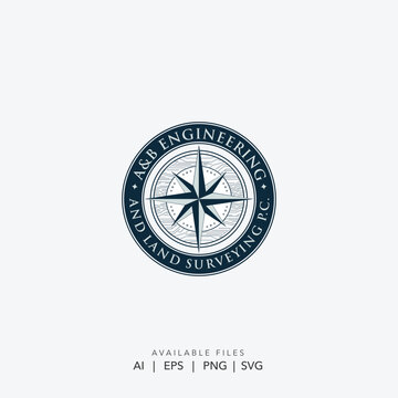 Professional Compass Rose Logo for Engineering and Land Surveying Businesses, Vintage Style Compass Logo Symbolizing Guidance, Accuracy, and Exploration