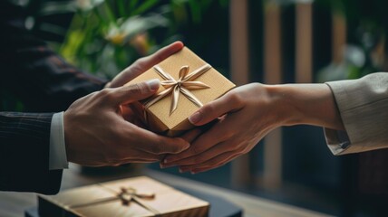 Obraz premium Group of businessman celebrate anniversary or holiday of company in restaurant. Senior manager give gift to employee for success in party. Business activity to increase friendship and teamwork. AIG53.