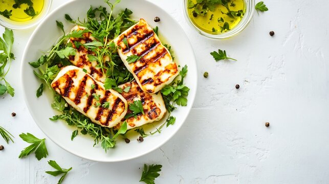 Greeces grilled halloumi cheese served fresh herbs and olive oil photographed from above on a clean white surface