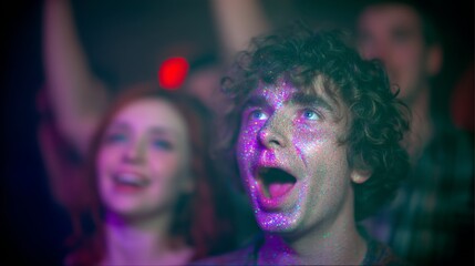 Obraz premium Close-up photo of a rock music fan's face at a rock concert. Very brightly lit scene and happy mood