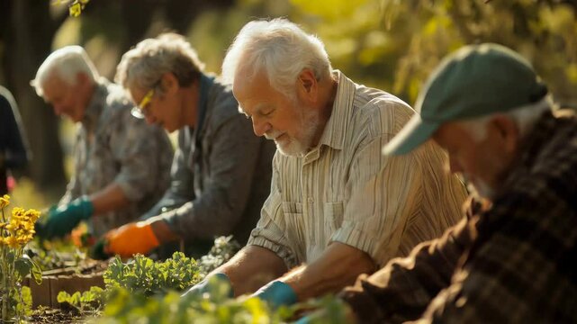 A heartwarming and empowering image of older adults actively participating in a community garden. 