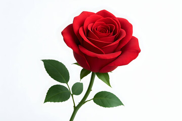 Elegant red rose with green leaves against white.
