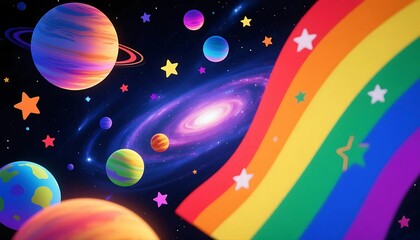 planets and stars colored in vibrant pride flag tones, set in deep space, symbolizing universal diversity and inclusion