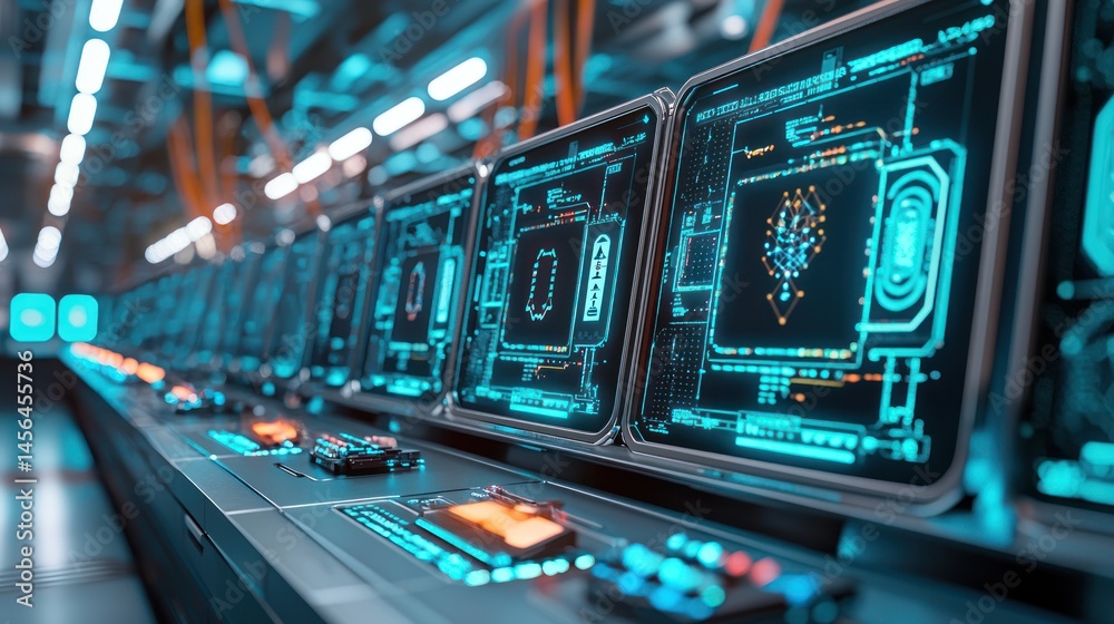 Poster futuristic control room with many advanced digital screens showing complex data and interfaces