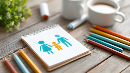 Family illustration on notebook with colorful pencils and coffee cups on wooden table healthy family concept. Selective focus