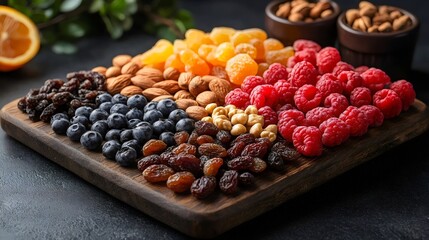 A delightful assortment of fresh fruits, nuts, and dried fruits arranged on a wooden board.