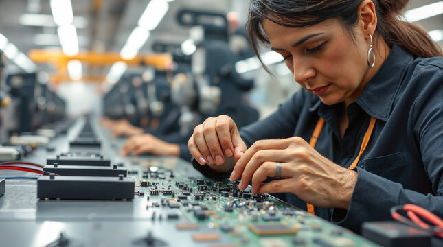 Female Electronics Technician Assembling Circuit Board in Manufacturing Factory Workshop Technology Industry