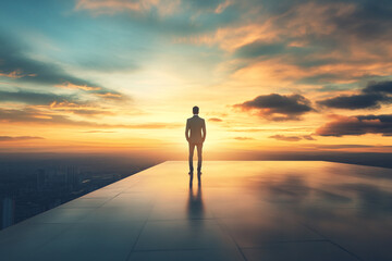Naklejka na ściany i meble Man in suit overlooking city sunset a view of ambition and success