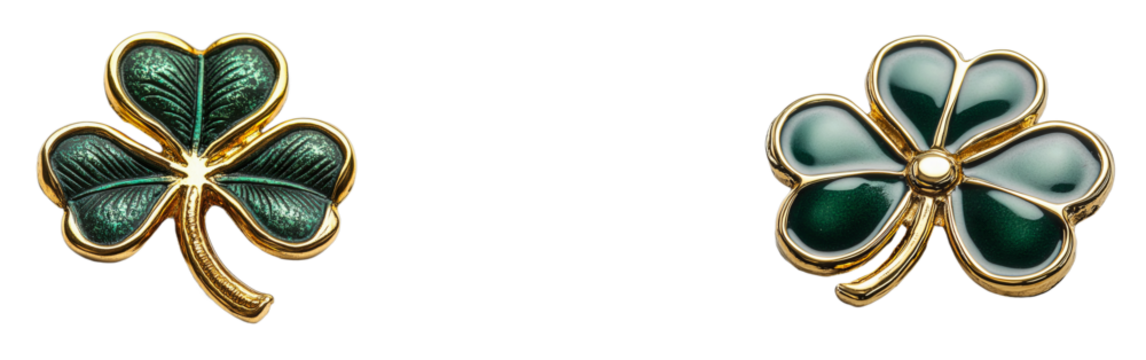 Shamrock jewelry pieces, three leaf clover, luck symbol, isolated, cut out transparent