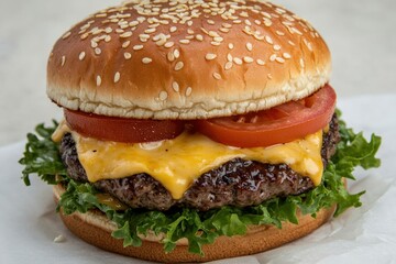 Gourmet cheeseburger showing melted cheese and sesame seed bun