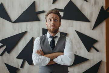 Man with arms crossed looks confused many arrows on wall