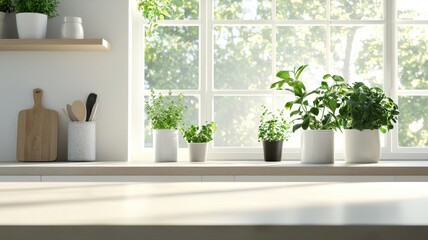 Fototapeta premium Bright Kitchen Window with Plants and Wooden Accents kitchen window plants bright wooden windowsill