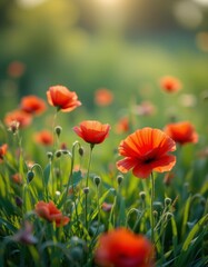 Fototapeta premium Red Poppy Field in Summer Meadow
