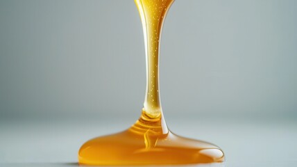 Golden honey rustic from sticky wooden dipper, forming cascading amber stream over soft blue backdrop