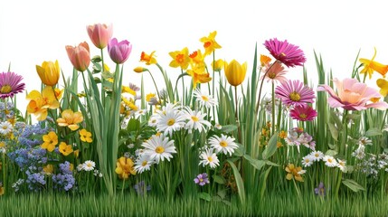 Fototapeta premium Vibrant field of diverse flowers in full bloom against a bright white background
