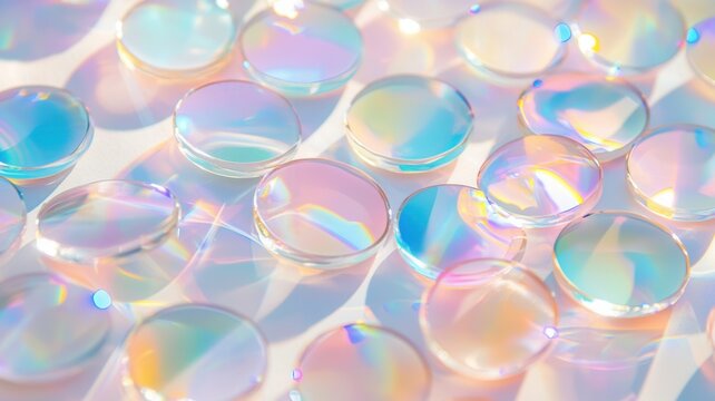 Round, translucent confetti pieces in backdrop, rainbow hues create a vibrant and festive pastel perfect for party or celebration themes - Powered by Adobe