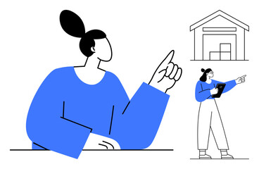 Woman pointing upward symbolizing planning, a warehouse sketch representing inventory, another figure with clipboard supervising tasks. Ideal for logistics, productivity, inventory, strategy