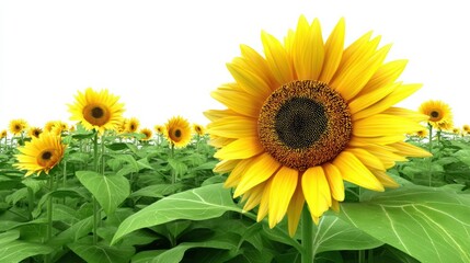 Vibrant sunflower in full bloom surrounded by a field of sunflowers under bright sunlight