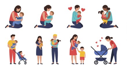 Fototapeta premium Diverse illustrations showcasing parents bonding with their children in heartwarming moments