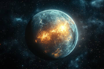 Fototapeta premium Planet with a bright orange spot on it. The planet is surrounded by stars. The planet is in the middle of the image